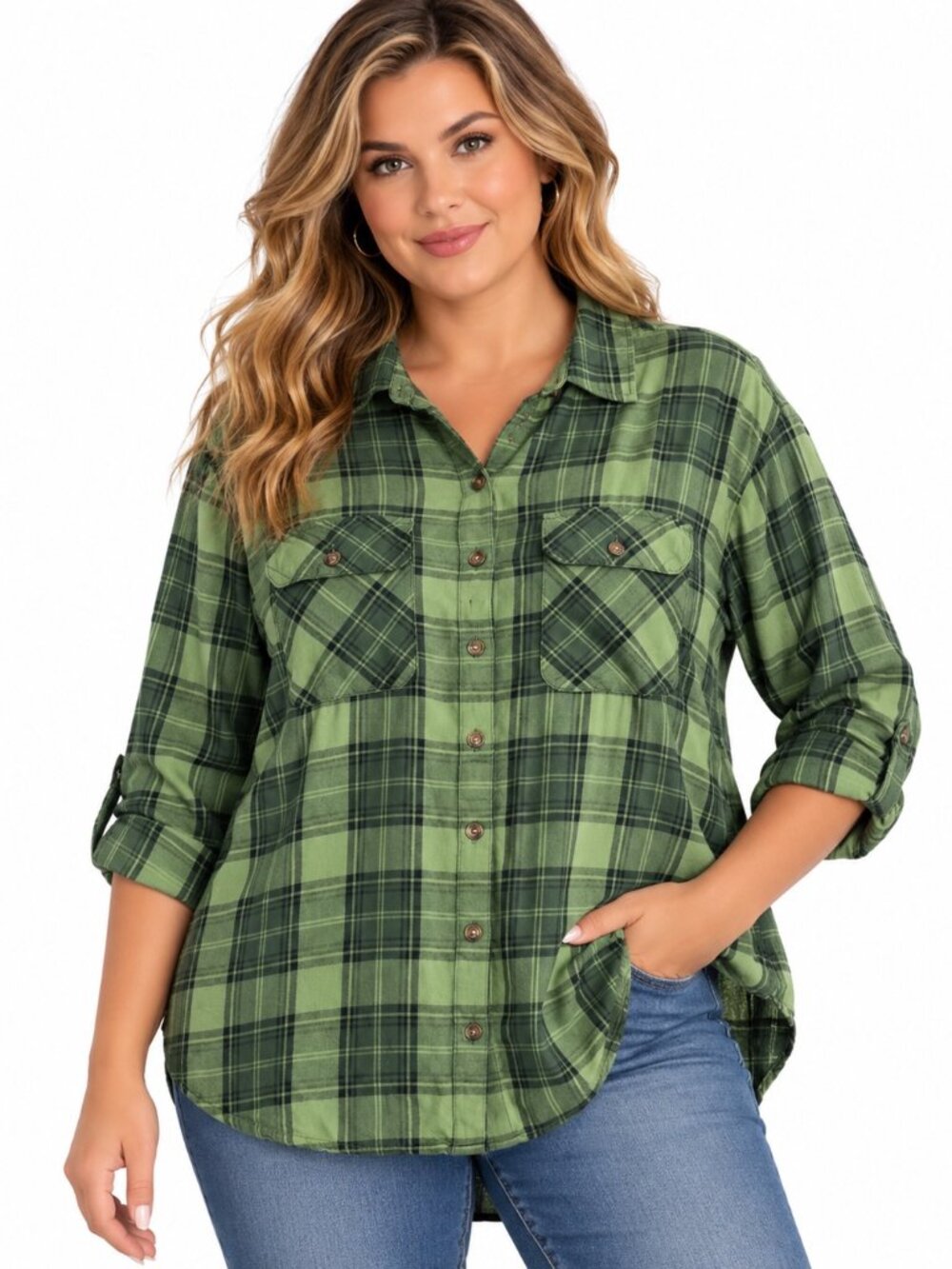 Terra & Sky Women’s 1X Green Black Plaid Button Front Shirt Plus Size Long